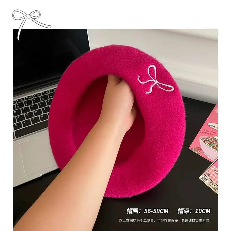 Korean Version Cute Bow Embroidered Wool Beret For CChildren, Versatile in Autumn And Winter, Showing Off Face, Small Artist Hat