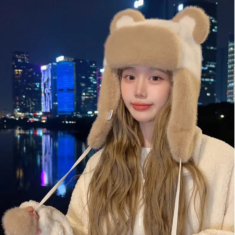 Plush Hat Women's Winter Cute Black and White Panda Plus Plush Outdoor Cycling Ear Protection Warm Ski Hat