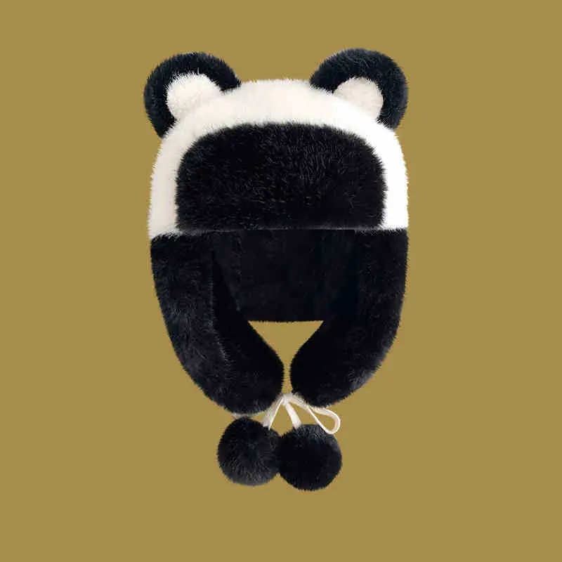 Plush Hat Women's Winter Cute Black and White Panda Plus Plush Outdoor Cycling Ear Protection Warm Ski Hat