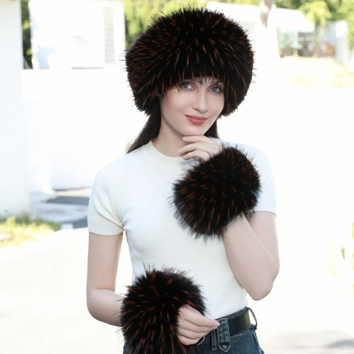 Autumn And Winter Faux Fur Plush Thick Travel Warmth Without A Top Hair Loop Set Decoration Faux Mink Fur Hand Warmer Set