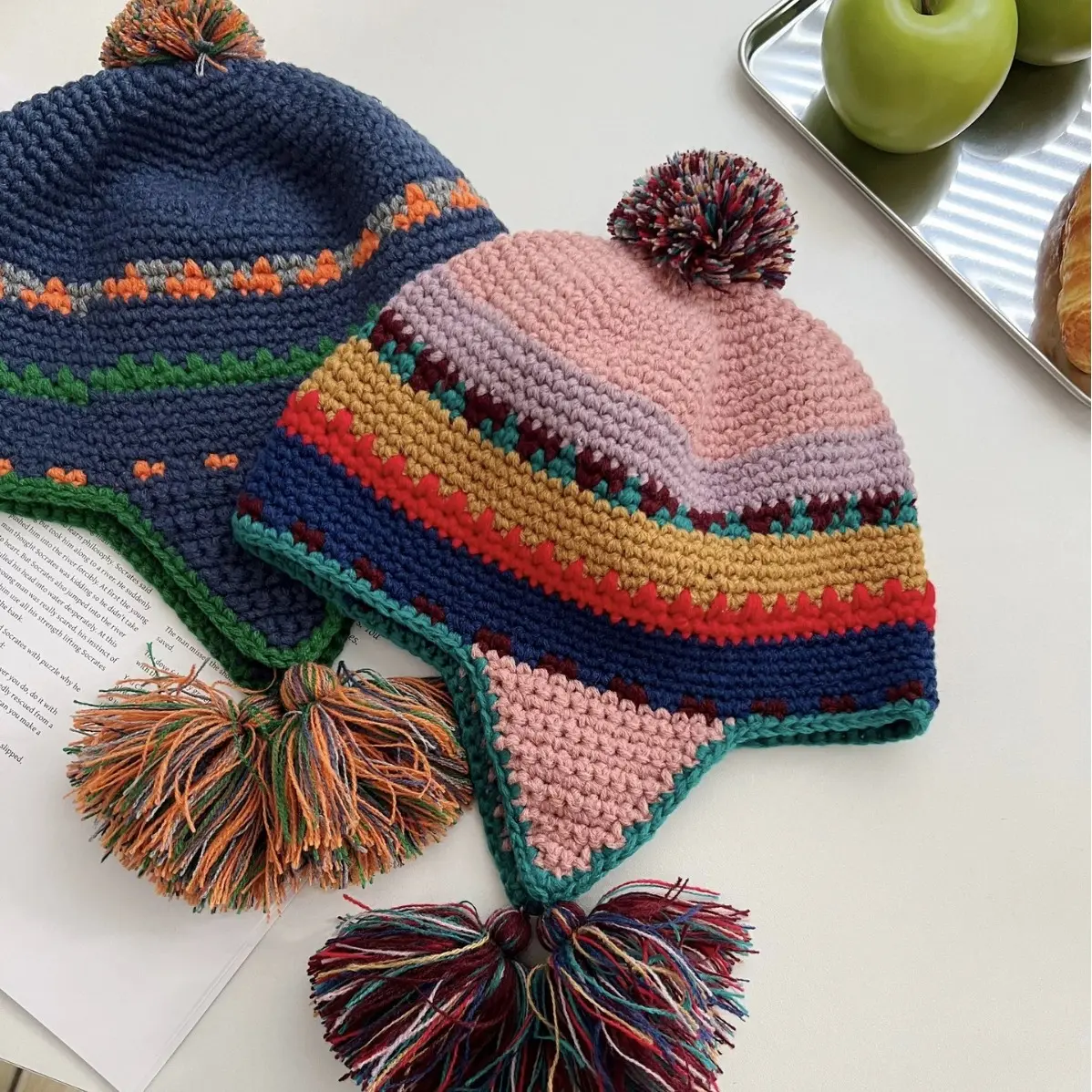 Ethnic Style Handmade Retro Knitted Ear Protection Flying Hat For Women, Korean Autumn And Winter Street Warm Woolen Hat