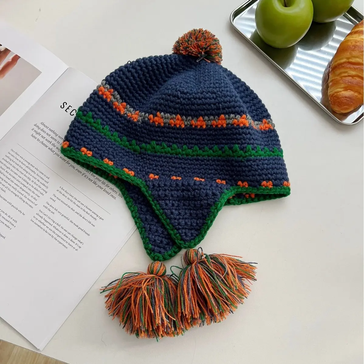 Ethnic Style Handmade Retro Knitted Ear Protection Flying Hat For Women, Korean Autumn And Winter Street Warm Woolen Hat