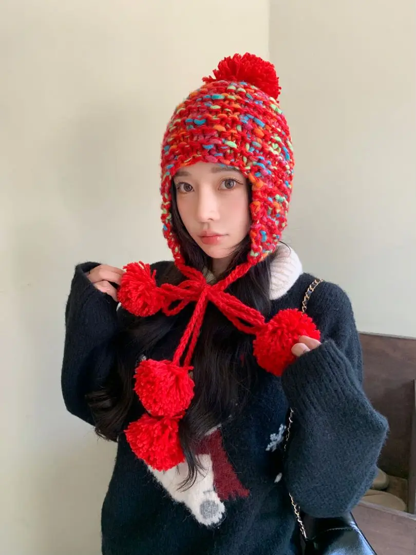 New Fashion Versatile Knitted Wool Hat for Women Autumn/Winter Japanese Colored Tassel Ball Warm Hoodie Head Cap Baotou Cap