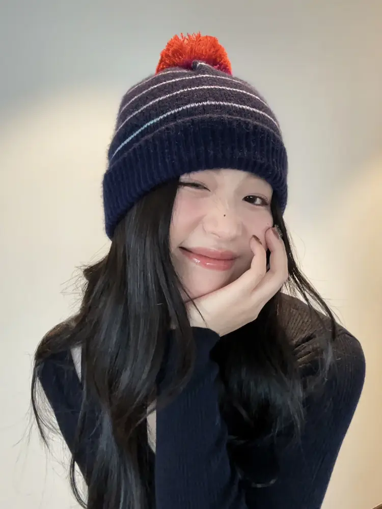2024 New Cute Colorful Hairball Striped Knitted Hat for Winter Warmth Ear Protection Baotou Hat Korean Edition Knitted Hat