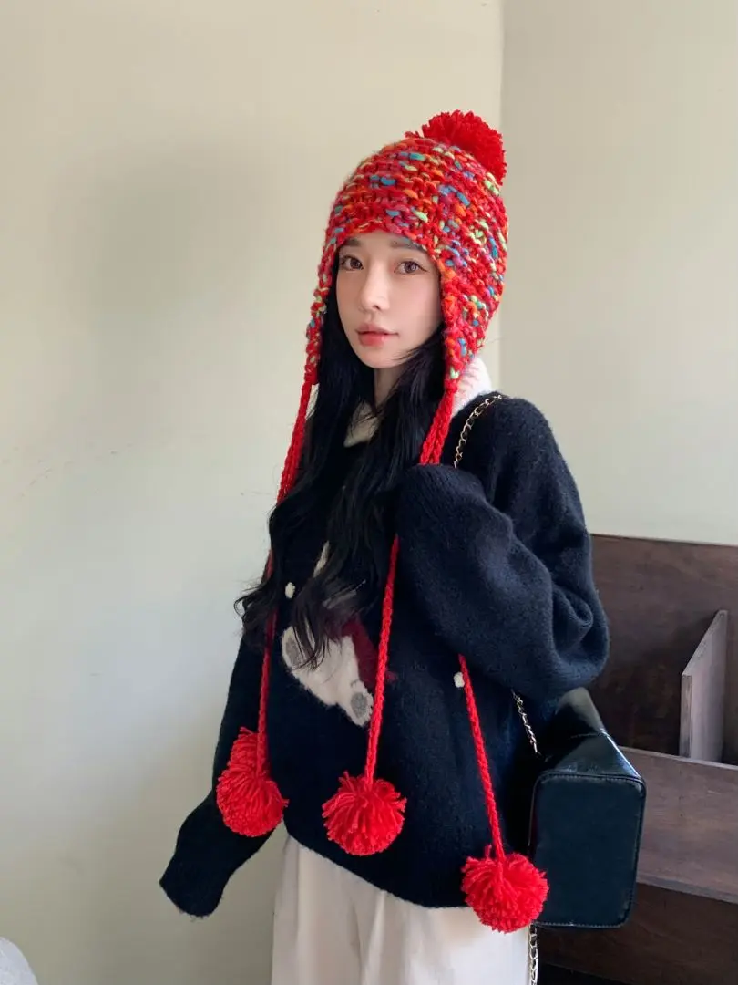 New Fashion Versatile Knitted Wool Hat for Women Autumn/Winter Japanese Colored Tassel Ball Warm Hoodie Head Cap Baotou Cap