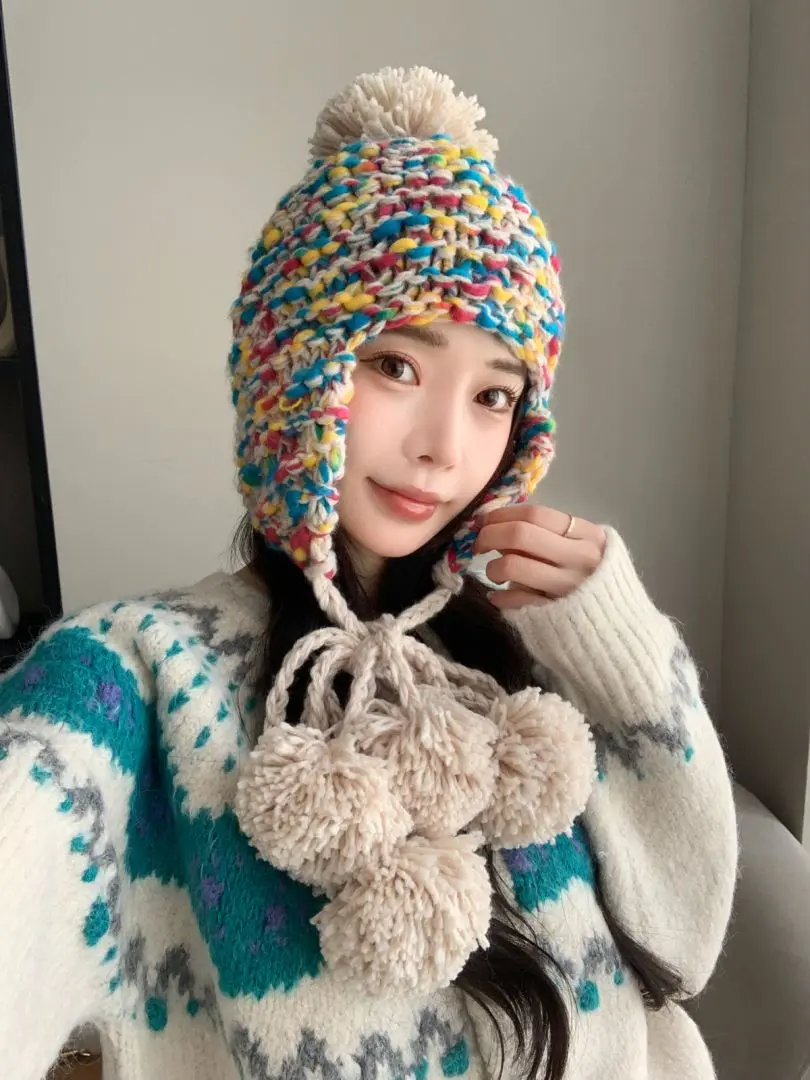 New Fashion Versatile Knitted Wool Hat for Women Autumn/Winter Japanese Colored Tassel Ball Warm Hoodie Head Cap Baotou Cap