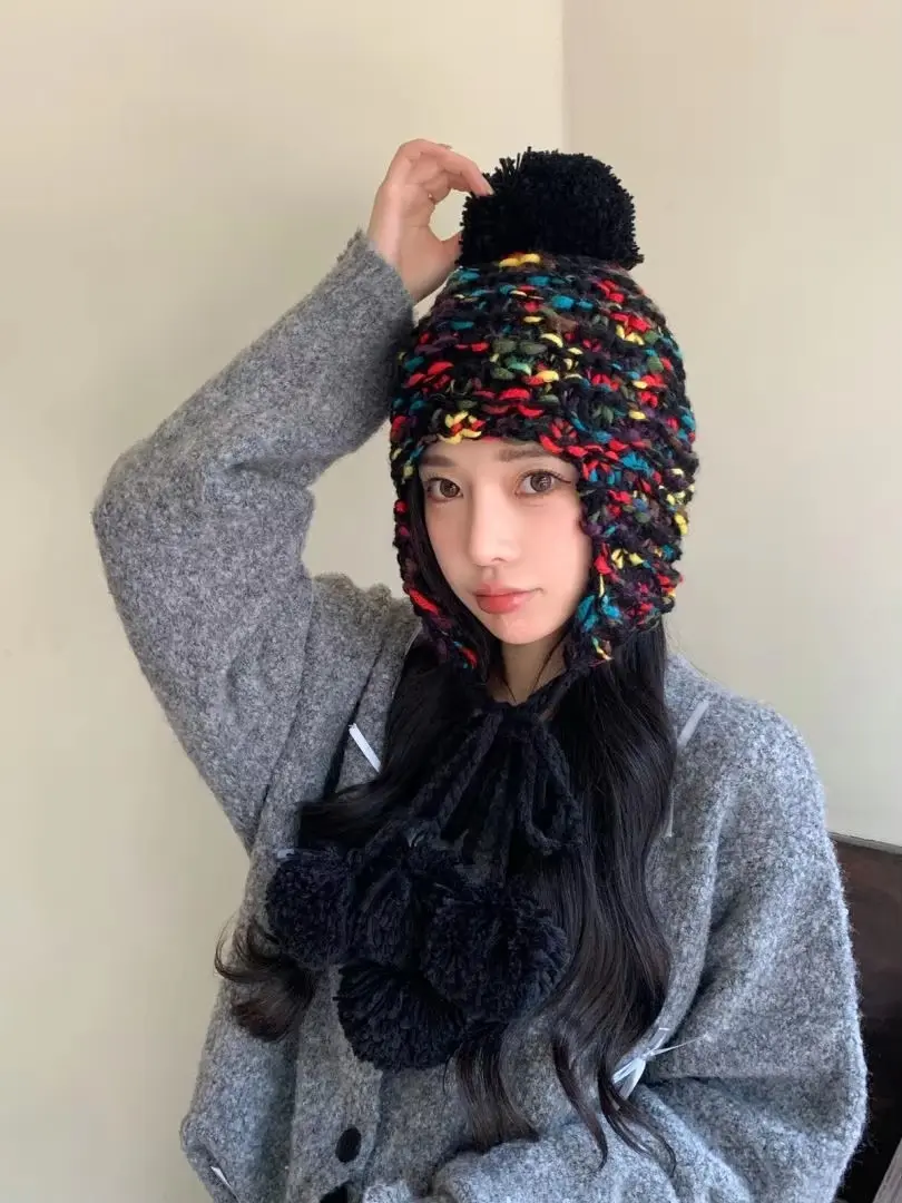 New Fashion Versatile Knitted Wool Hat for Women Autumn/Winter Japanese Colored Tassel Ball Warm Hoodie Head Cap Baotou Cap
