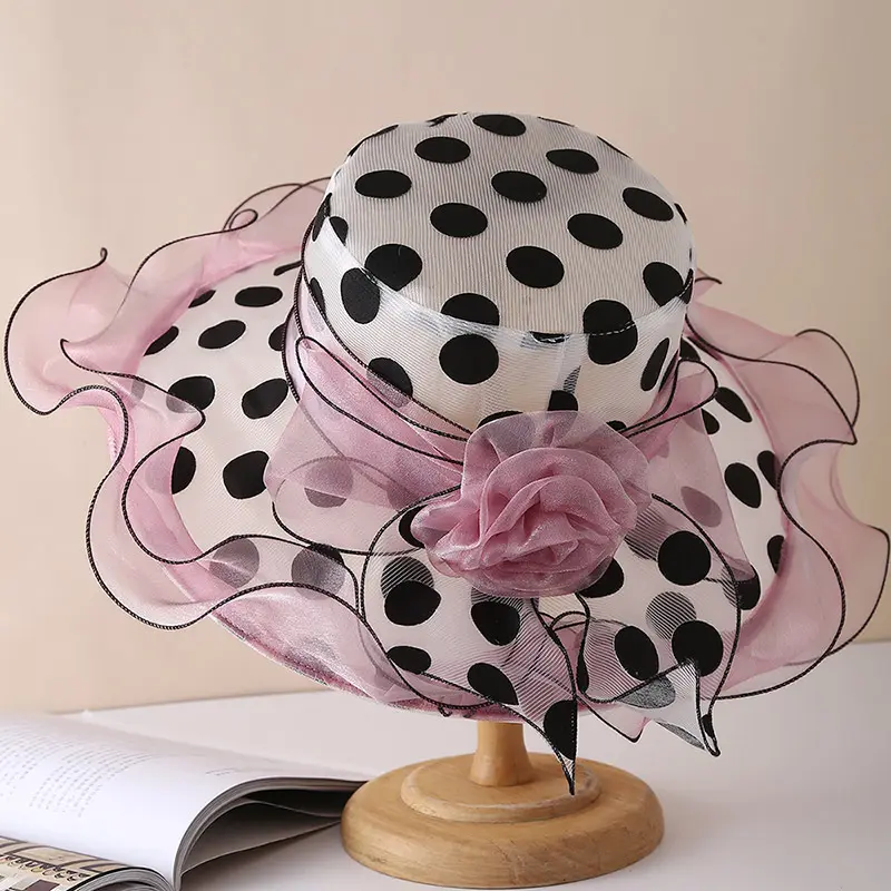 Fashionable Summer Travel Sun Hat, Elegant British Style Organza Hat, Children's Sun Protection Big Brimmed Polka Dot Top Hat