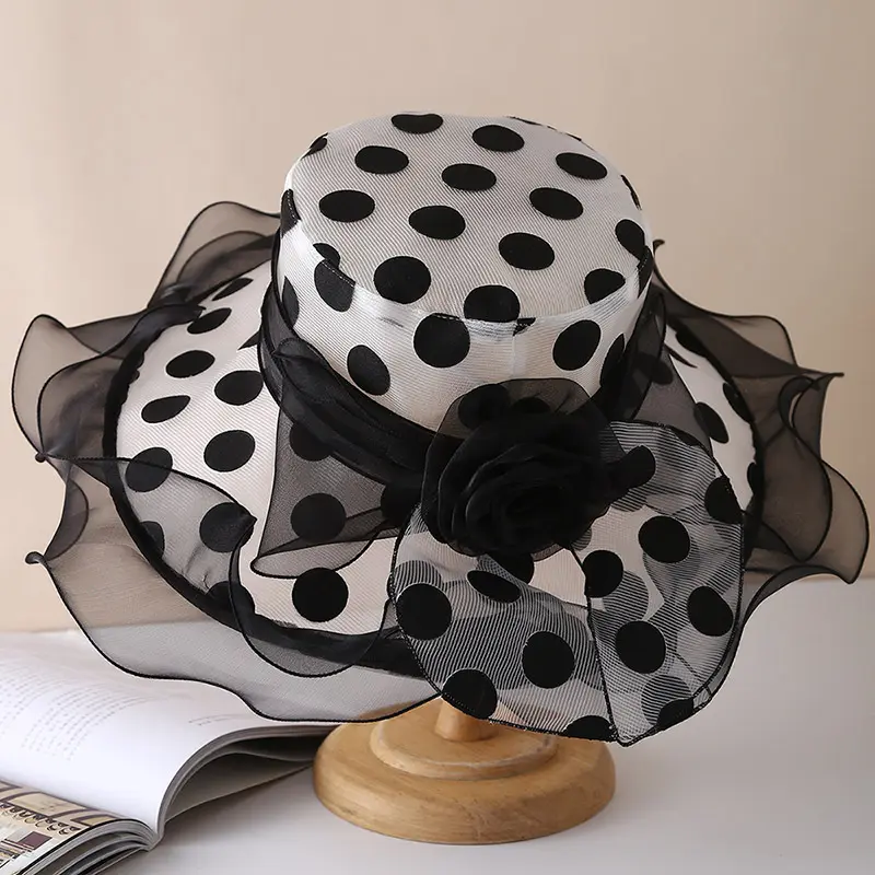Fashionable Summer Travel Sun Hat, Elegant British Style Organza Hat, Children's Sun Protection Big Brimmed Polka Dot Top Hat