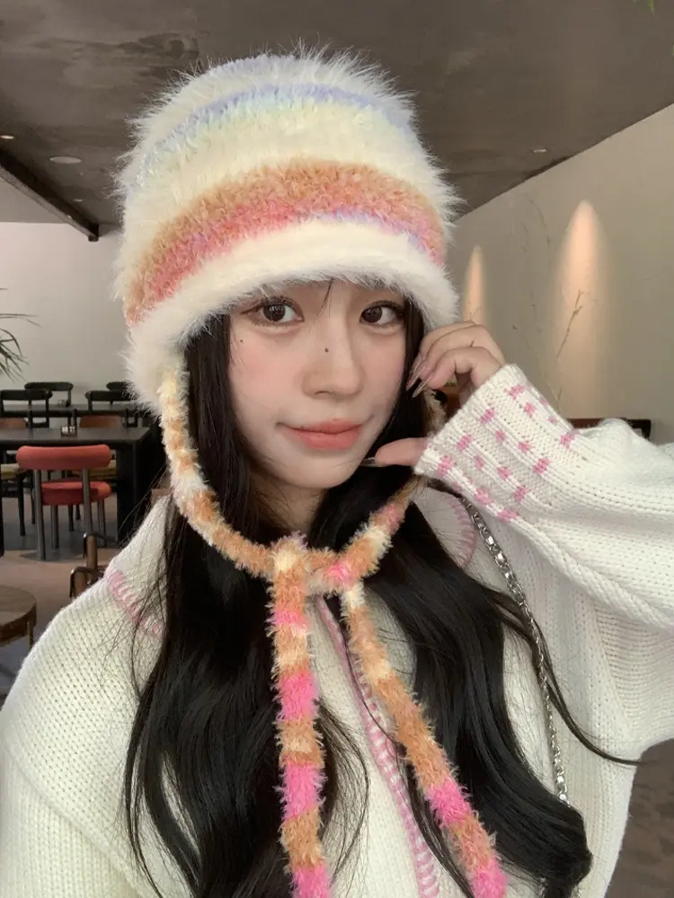 Gradient rainbow striped ear protection knitted hat Autumn And Winter With Plush And Thick Yarn Hat, Versatile And Warm Head Cap