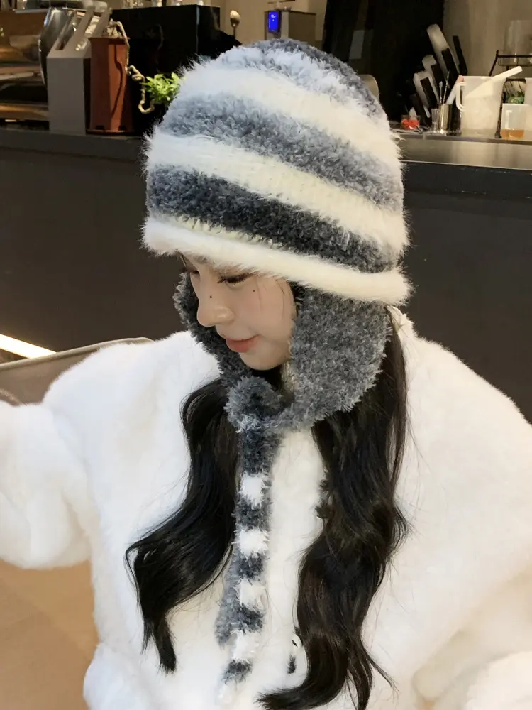 Gradient rainbow striped ear protection knitted hat Autumn And Winter With Plush And Thick Yarn Hat, Versatile And Warm Head Cap