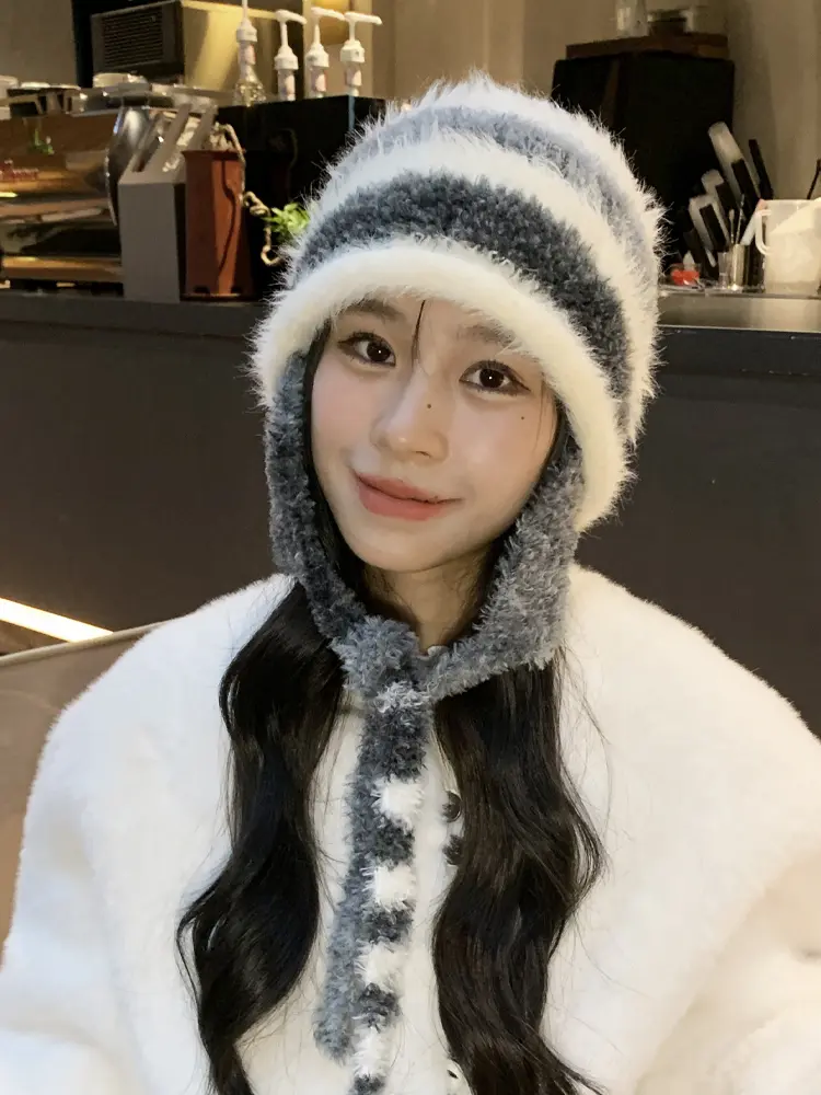 Gradient rainbow striped ear protection knitted hat Autumn And Winter With Plush And Thick Yarn Hat, Versatile And Warm Head Cap