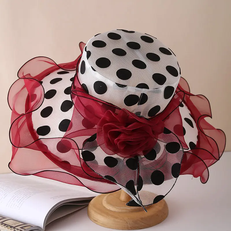 Fashionable Summer Travel Sun Hat, Elegant British Style Organza Hat, Children's Sun Protection Big Brimmed Polka Dot Top Hat