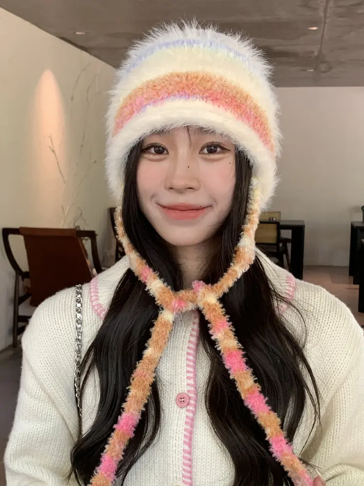 Gradient rainbow striped ear protection knitted hat Autumn And Winter With Plush And Thick Yarn Hat, Versatile And Warm Head Cap