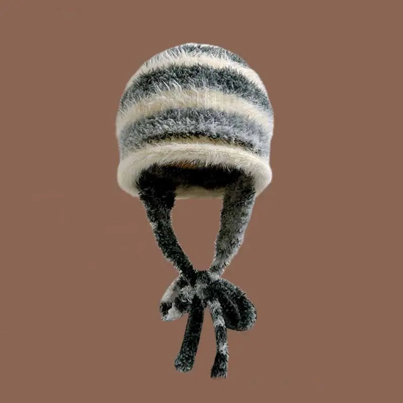 Gradient rainbow striped ear protection knitted hat Autumn And Winter With Plush And Thick Yarn Hat, Versatile And Warm Head Cap