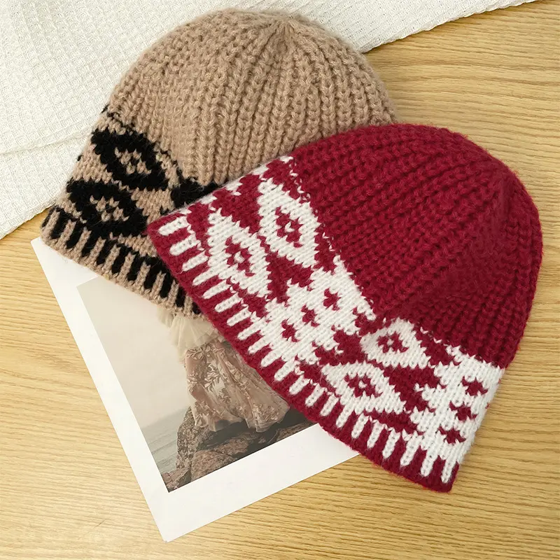 Korean Retro Plaid Knitted Hat For Women's Autumn Versatile Warm Ear Protection Bucket Hat, Japanese Couple Outdoor Woolen Hat