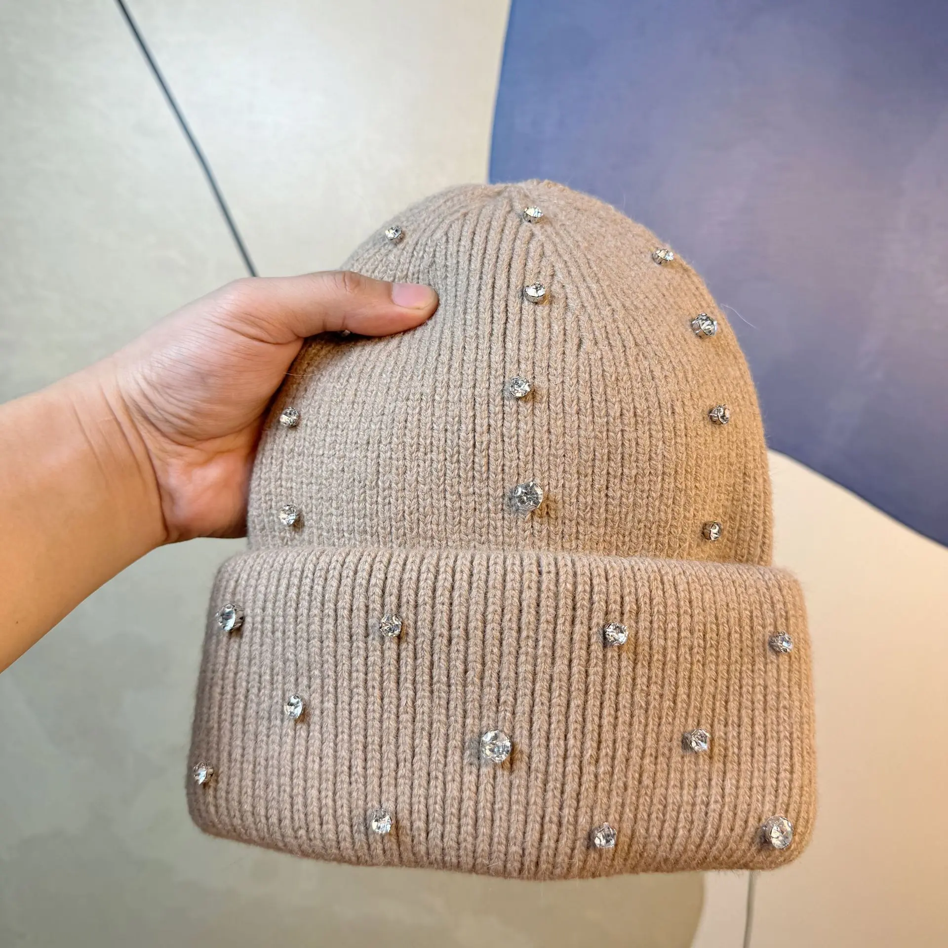 Winter New Korean Trendy Brand Fashionable and Elegant Water Diamond Knitted Hat Street Style Rabbit Hair Warm Woolen Hat