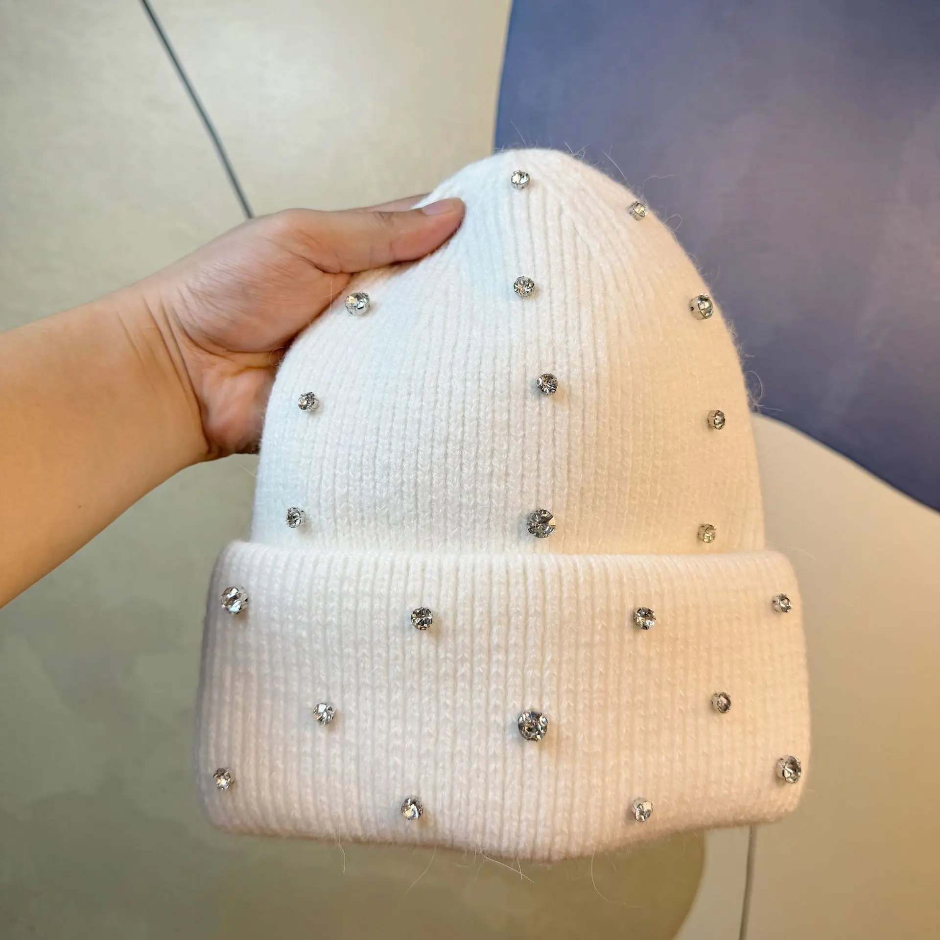 Winter New Korean Trendy Brand Fashionable and Elegant Water Diamond Knitted Hat Street Style Rabbit Hair Warm Woolen Hat