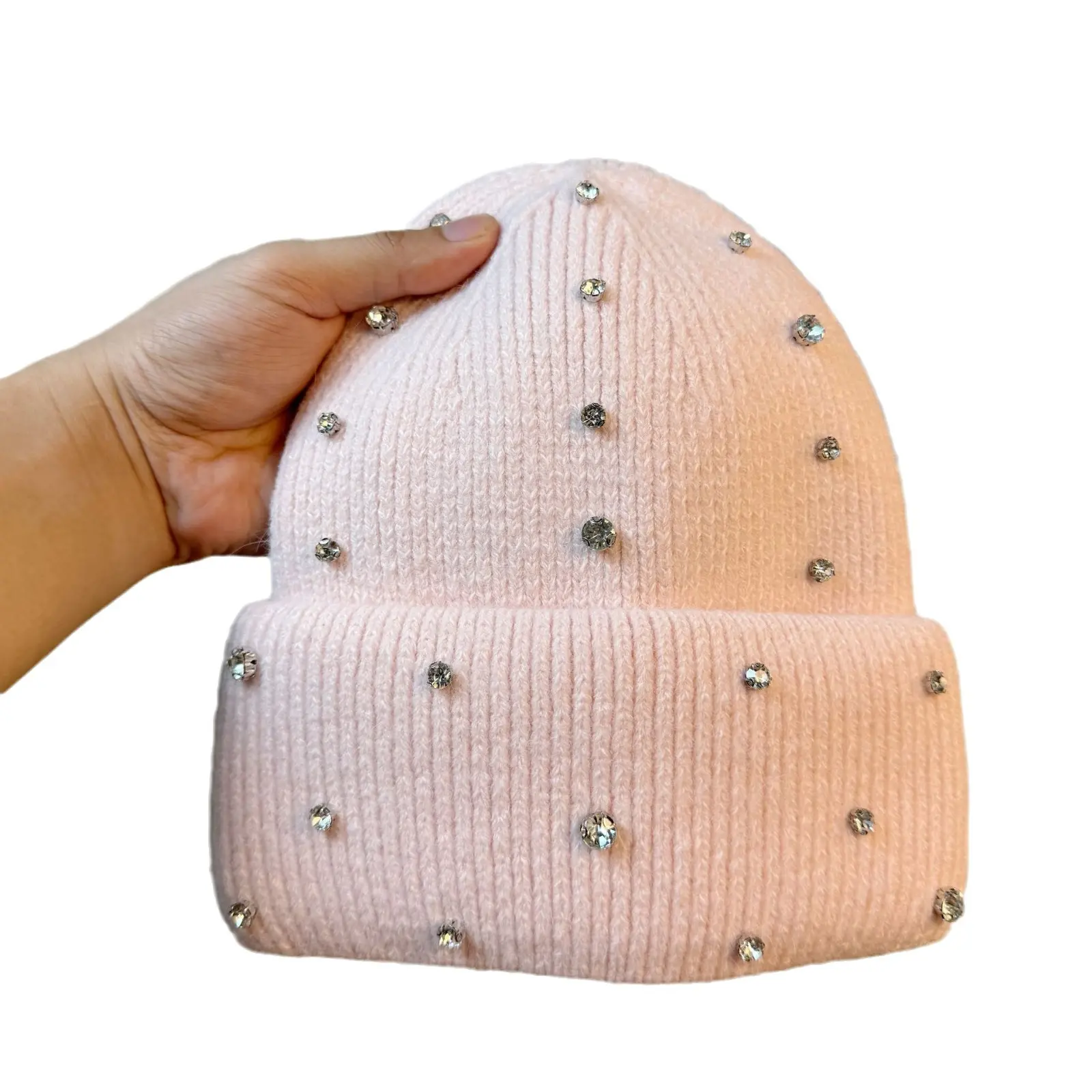 Winter New Korean Trendy Brand Fashionable and Elegant Water Diamond Knitted Hat Street Style Rabbit Hair Warm Woolen Hat