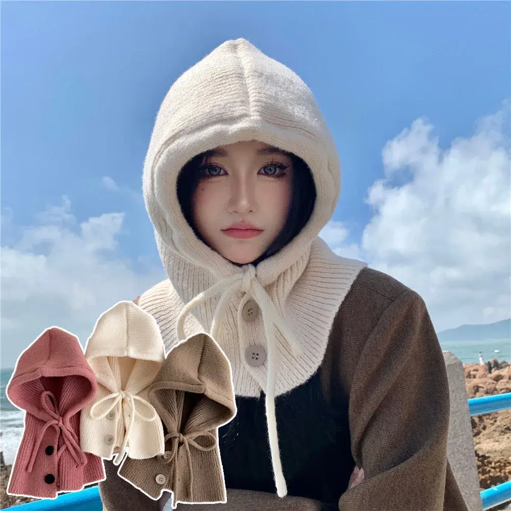 Knitted Hooded Scarf Women Winter Warm Ring Scarf Beanie Hat Adjustable Drawstring Elastic Balaclava Cap Neck Collar Scarves