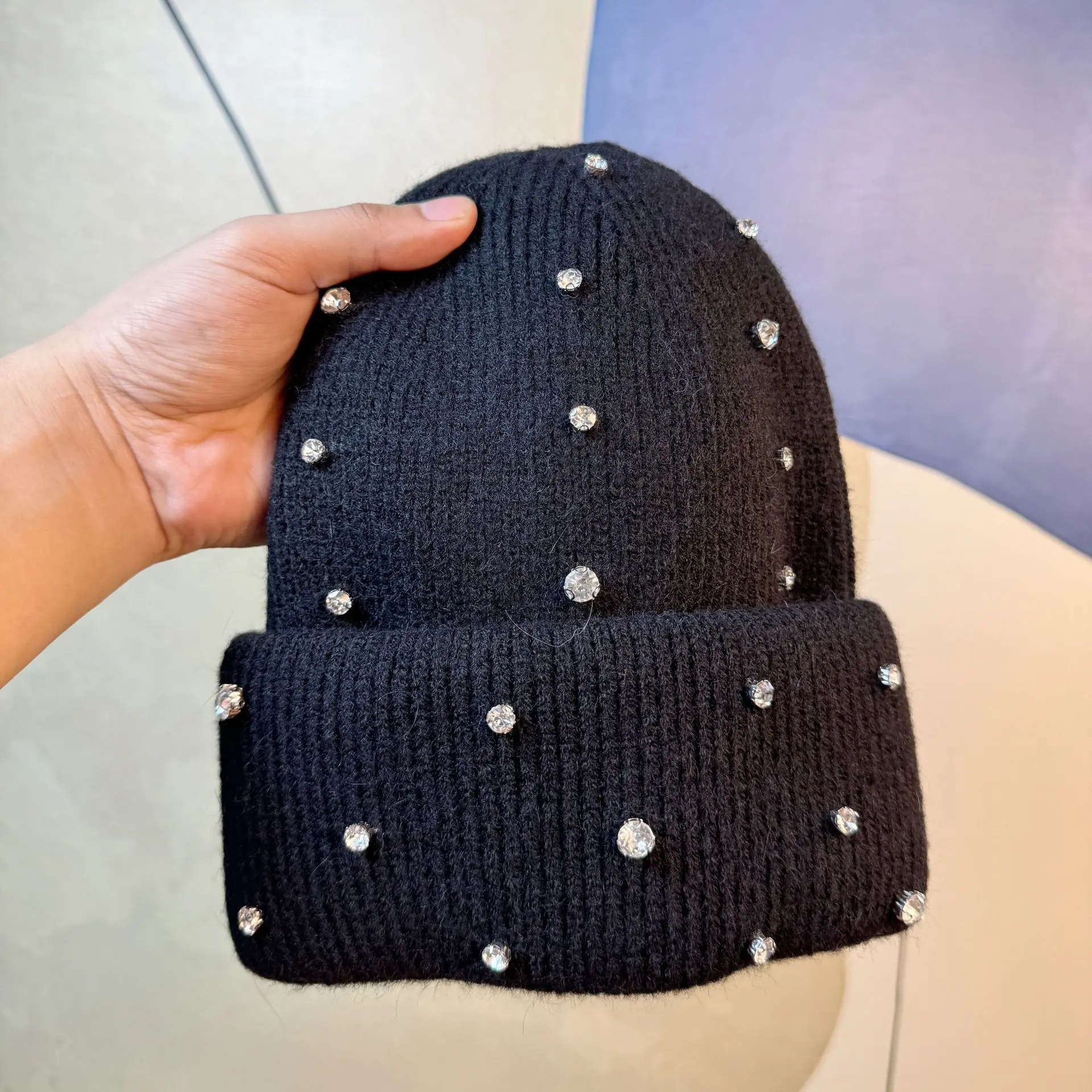 Winter New Korean Trendy Brand Fashionable and Elegant Water Diamond Knitted Hat Street Style Rabbit Hair Warm Woolen Hat