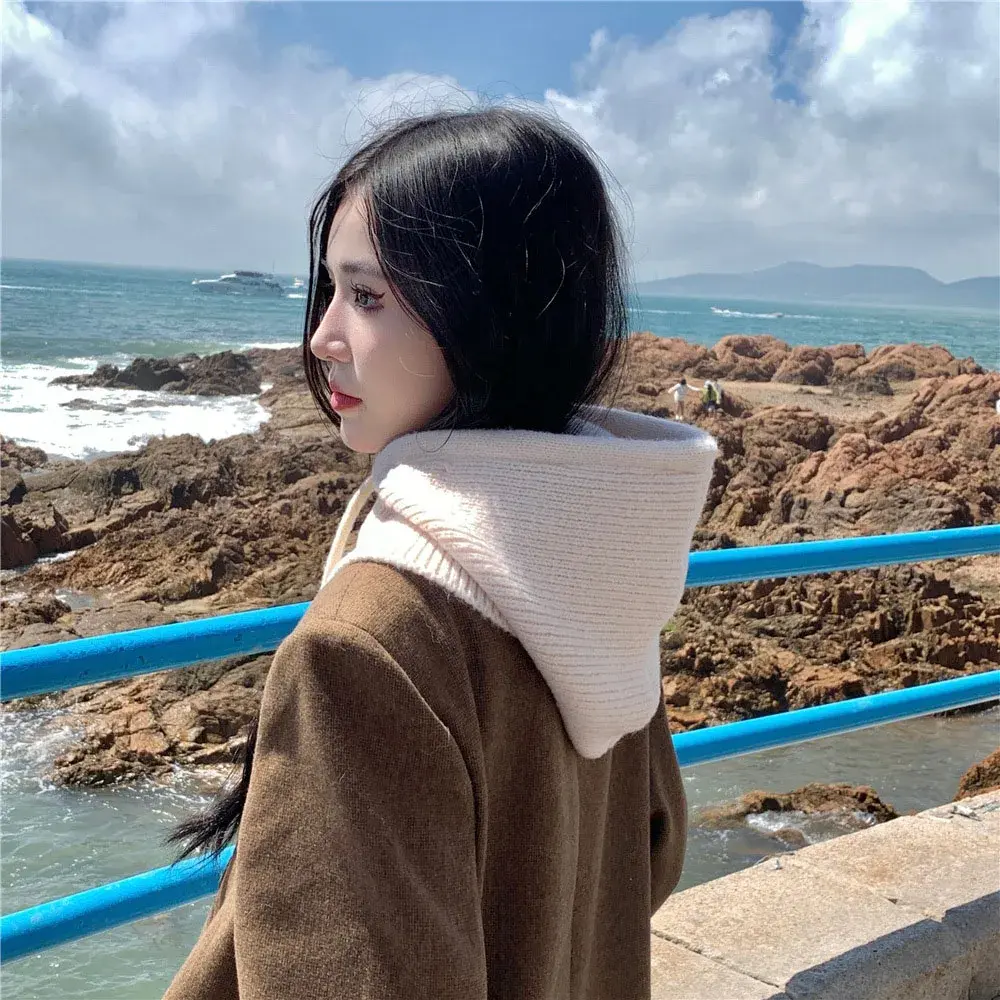 Knitted Hooded Scarf Women Winter Warm Ring Scarf Beanie Hat Adjustable Drawstring Elastic Balaclava Cap Neck Collar Scarves