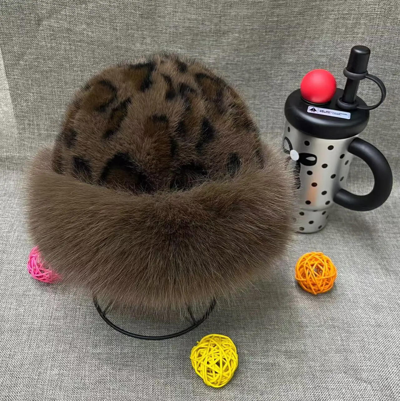 2024 Korean Version Autumn And Winter Mink Fur Leopard Print Dome Fox Warm Fisherman Basin Hat Retro Fashionable Mongolian Hat