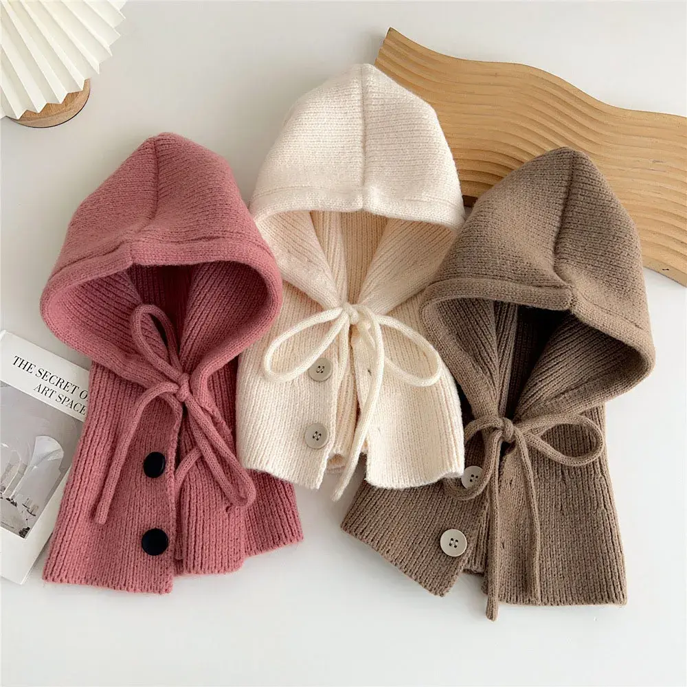 Knitted Hooded Scarf Women Winter Warm Ring Scarf Beanie Hat Adjustable Drawstring Elastic Balaclava Cap Neck Collar Scarves