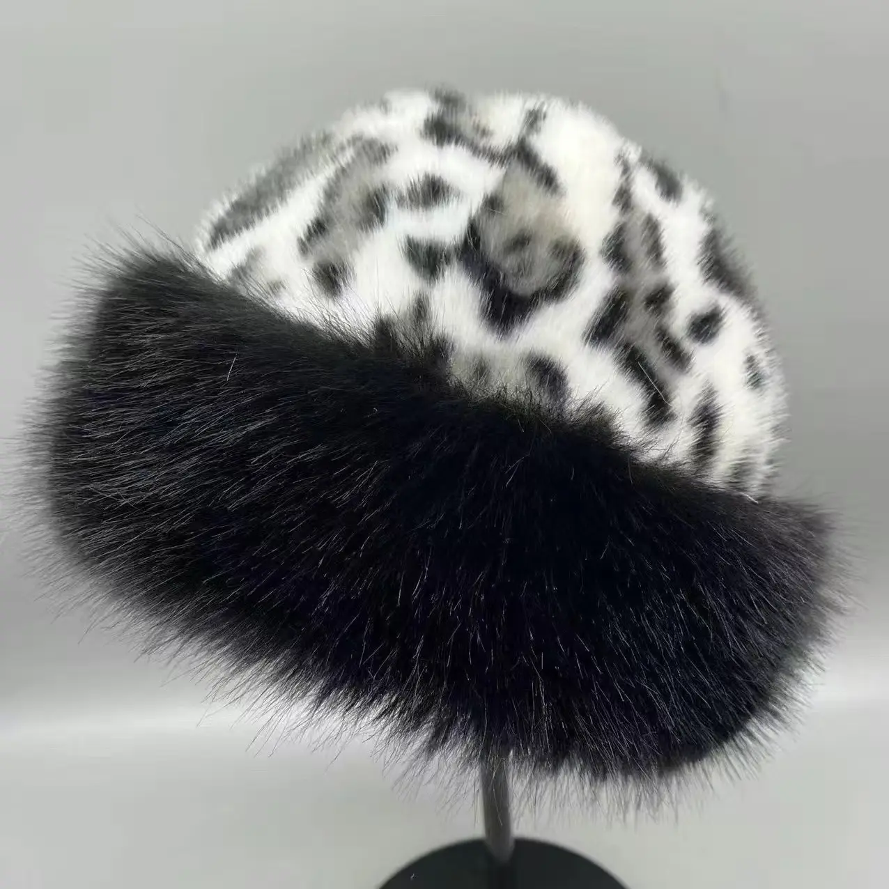 2024 Korean Version Autumn And Winter Mink Fur Leopard Print Dome Fox Warm Fisherman Basin Hat Retro Fashionable Mongolian Hat