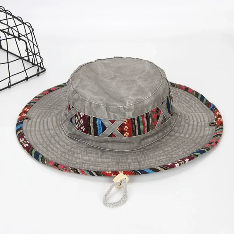 Cotton Washed Fisherman Hat With Large Eaves, Ethnic Style Denim Hat With Windproof Rope Outdoor Sun Protection And Sunshade Hat