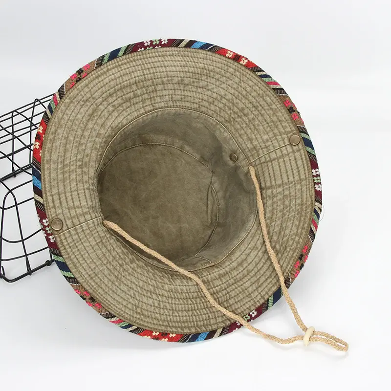 Cotton Washed Fisherman Hat With Large Eaves, Ethnic Style Denim Hat With Windproof Rope Outdoor Sun Protection And Sunshade Hat