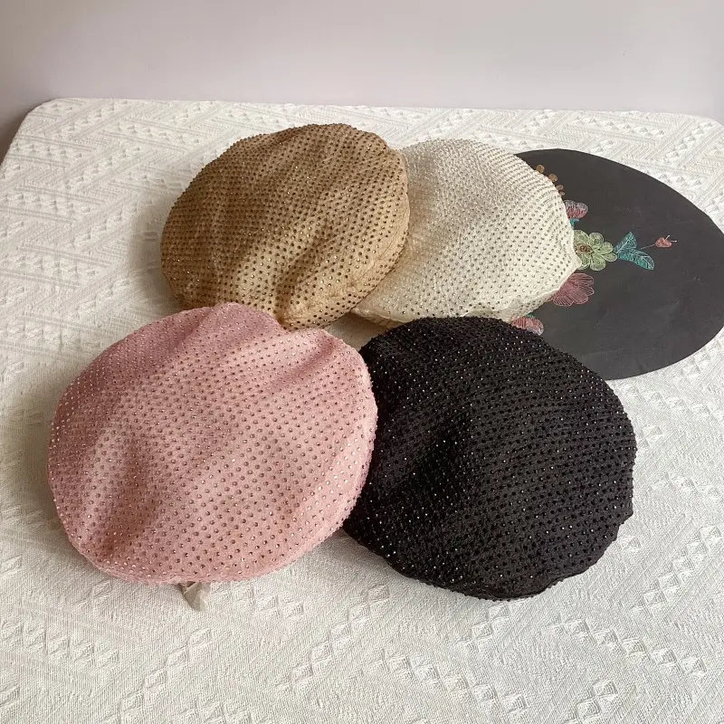 Light Luxury Rhinestone High-end Beret For Women 2025 New Organza Lightweight Breathable Versatile Bud Painter Hat
