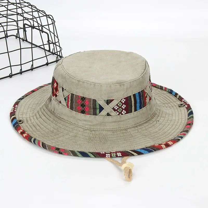 Cotton Washed Fisherman Hat With Large Eaves, Ethnic Style Denim Hat With Windproof Rope Outdoor Sun Protection And Sunshade Hat