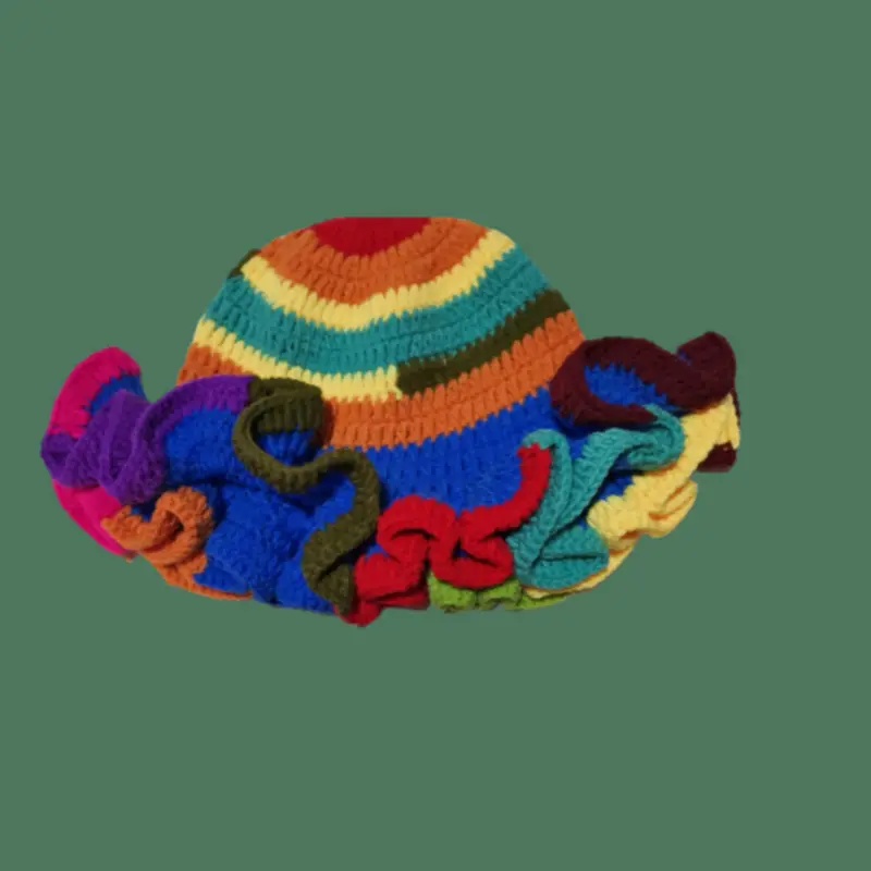 Winter New Ins Hand Woven Ruffle Hook Knitted Hat Girls Ruffle Large Eaves Bucket Hat Women Fashion Party Skullies Beanies