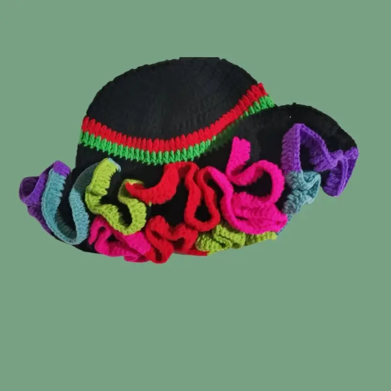 Winter New Ins Hand Woven Ruffle Hook Knitted Hat Girls Ruffle Large Eaves Bucket Hat Women Fashion Party Skullies Beanies