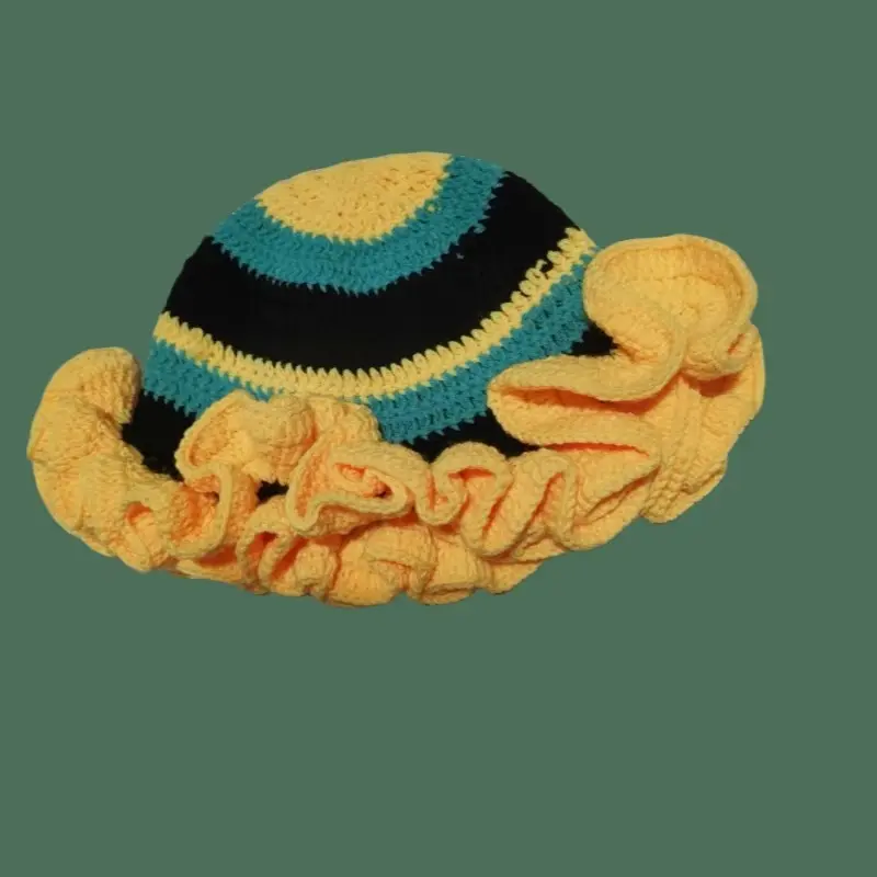 Winter New Ins Hand Woven Ruffle Hook Knitted Hat Girls Ruffle Large Eaves Bucket Hat Women Fashion Party Skullies Beanies