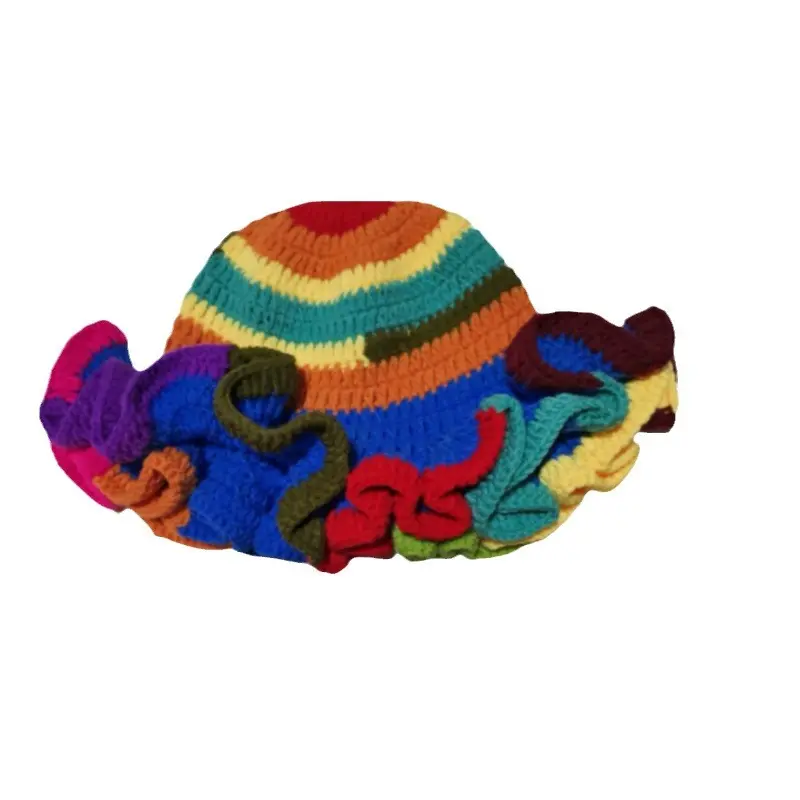 Winter New Ins Hand Woven Ruffle Hook Knitted Hat Girls Ruffle Large Eaves Bucket Hat Women Fashion Party Skullies Beanies
