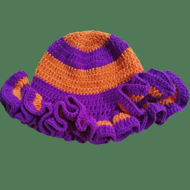 Winter New Ins Hand Woven Ruffle Hook Knitted Hat Girls Ruffle Large Eaves Bucket Hat Women Fashion Party Skullies Beanies