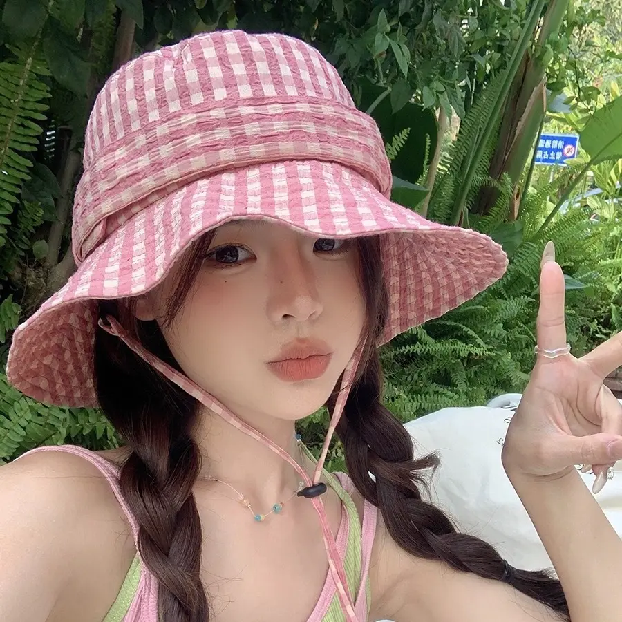 Fashionable Plaid Bow Fisherman Hat Summer Large Brim UV Resistant Basin Hat Sun Shading Bucket Hat