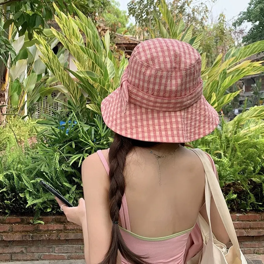 Fashionable Plaid Bow Fisherman Hat Summer Large Brim UV Resistant Basin Hat Sun Shading Bucket Hat