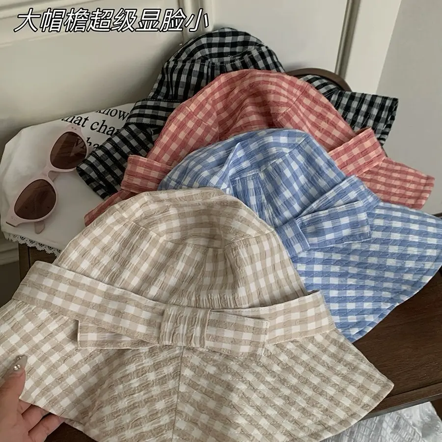 Fashionable Plaid Bow Fisherman Hat Summer Large Brim UV Resistant Basin Hat Sun Shading Bucket Hat