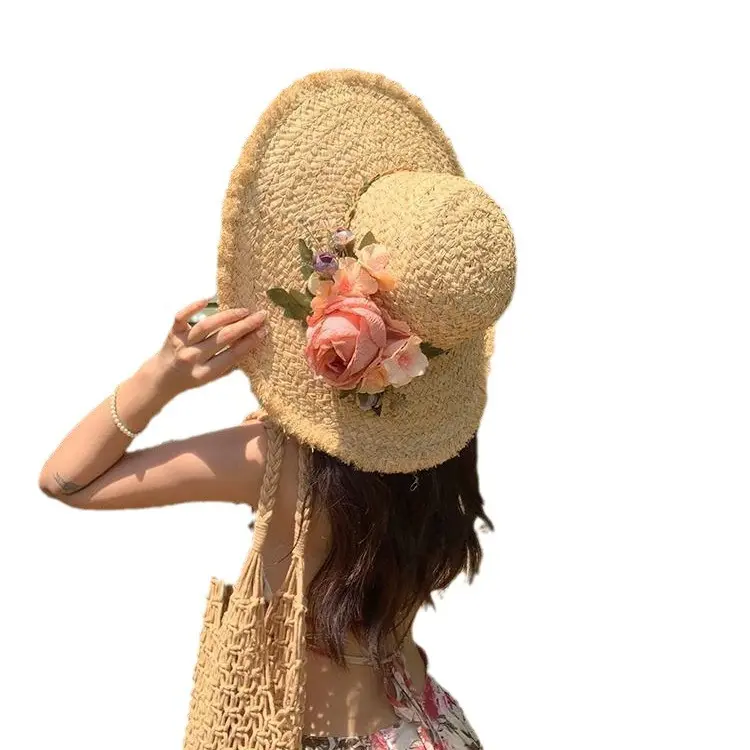 Handmade Grass Woven Flower Sunshade Hat For Women's Summer Outings At The Beach, With A Large Brim And Breathable Sun Hat