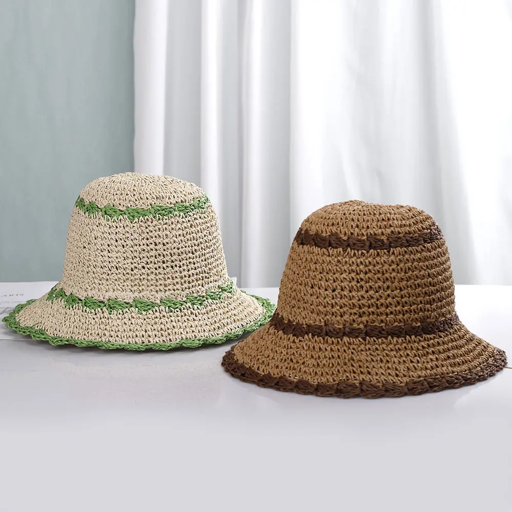 Beach Hat Design, Color Blocked Grass Woven Hat, Women's Summer Outing Sun Shading Fisherman Hat, Fresh Water Bucket Hat