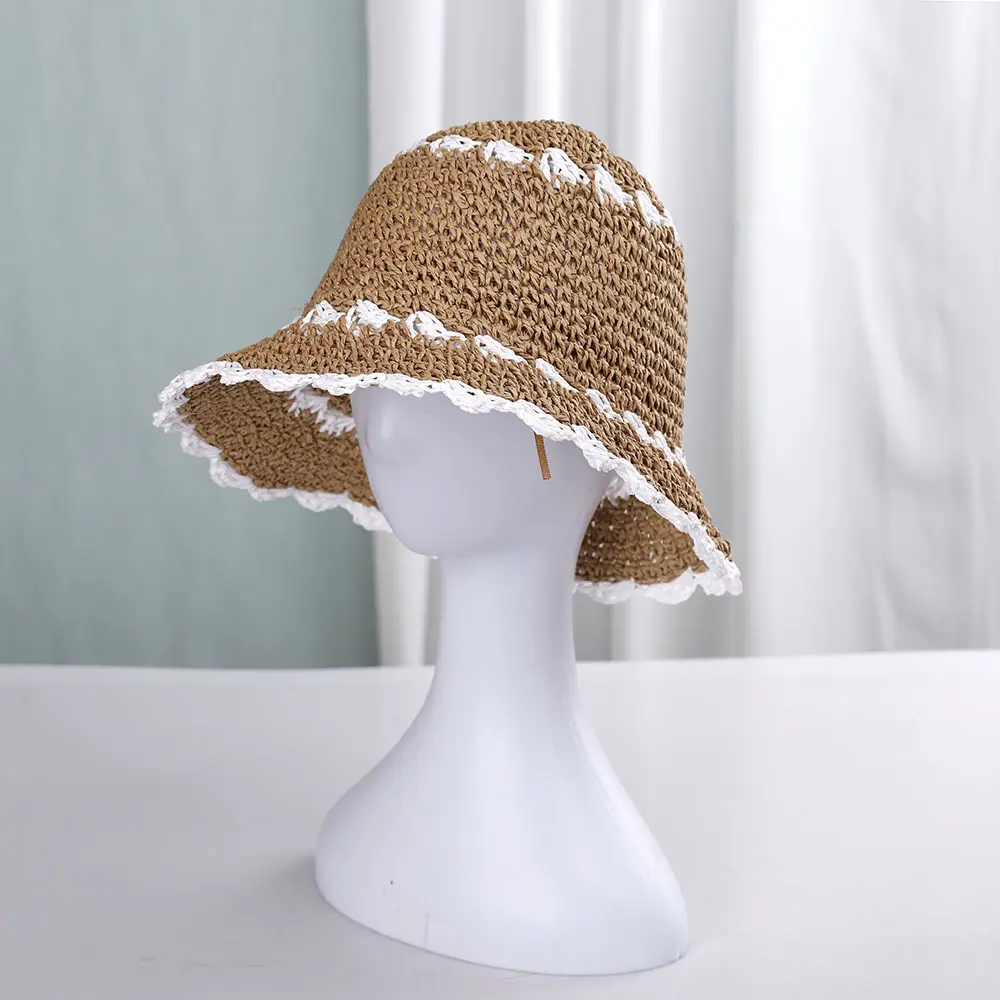 Beach Hat Design, Color Blocked Grass Woven Hat, Women's Summer Outing Sun Shading Fisherman Hat, Fresh Water Bucket Hat