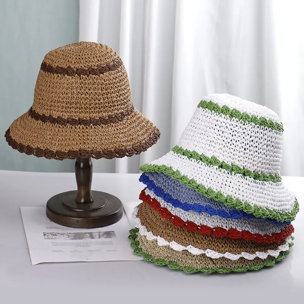 Beach Hat Design, Color Blocked Grass Woven Hat, Women's Summer Outing Sun Shading Fisherman Hat, Fresh Water Bucket Hat