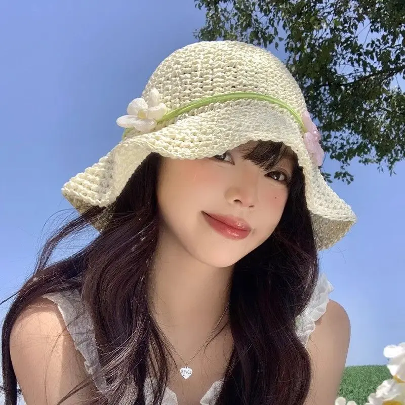 French Hollowed Out Flower Straw Hat, Summer New Seaside Beach Hat, Sun Shading And Sun Protection Big Brim Straw Woven Hat
