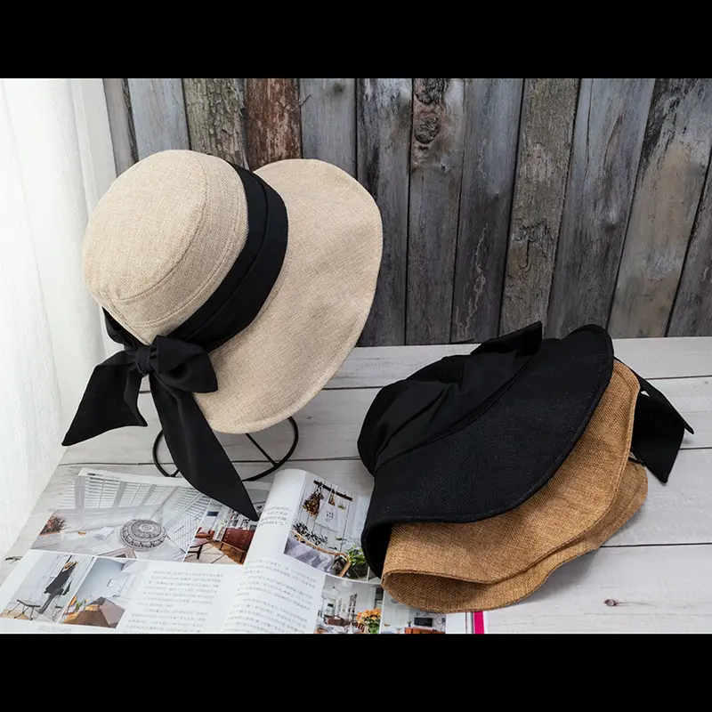 Summer Sunshade, Sun Protection, Big Bow Fisherman Hat, UV Resistant, Foldable Sun Hat, Coarse Linen, Big Brim Basin Hat