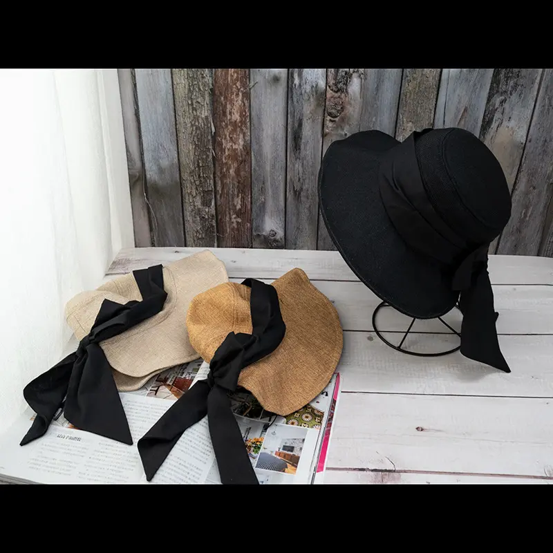 Summer Sunshade, Sun Protection, Big Bow Fisherman Hat, UV Resistant, Foldable Sun Hat, Coarse Linen, Big Brim Basin Hat