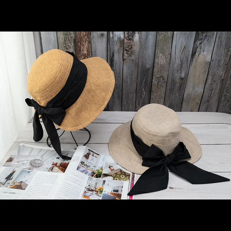 Summer Sunshade, Sun Protection, Big Bow Fisherman Hat, UV Resistant, Foldable Sun Hat, Coarse Linen, Big Brim Basin Hat