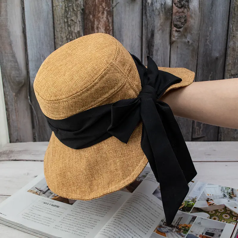 Summer Sunshade, Sun Protection, Big Bow Fisherman Hat, UV Resistant, Foldable Sun Hat, Coarse Linen, Big Brim Basin Hat